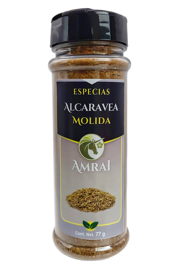 AMRAI Semilla De Alcaravea Molida, especias, frasco de 77 g con tapa negra.