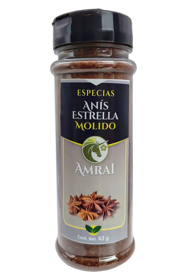 AMRAI Anís Estrella Molido, especias, frasco de 63 g con tapa negra.