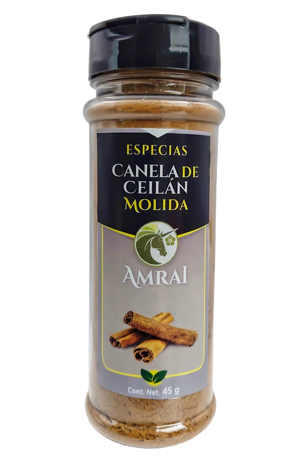 AMRAI Canela de Ceilán Molida, especias, frasco de 45 g con tapa negra.