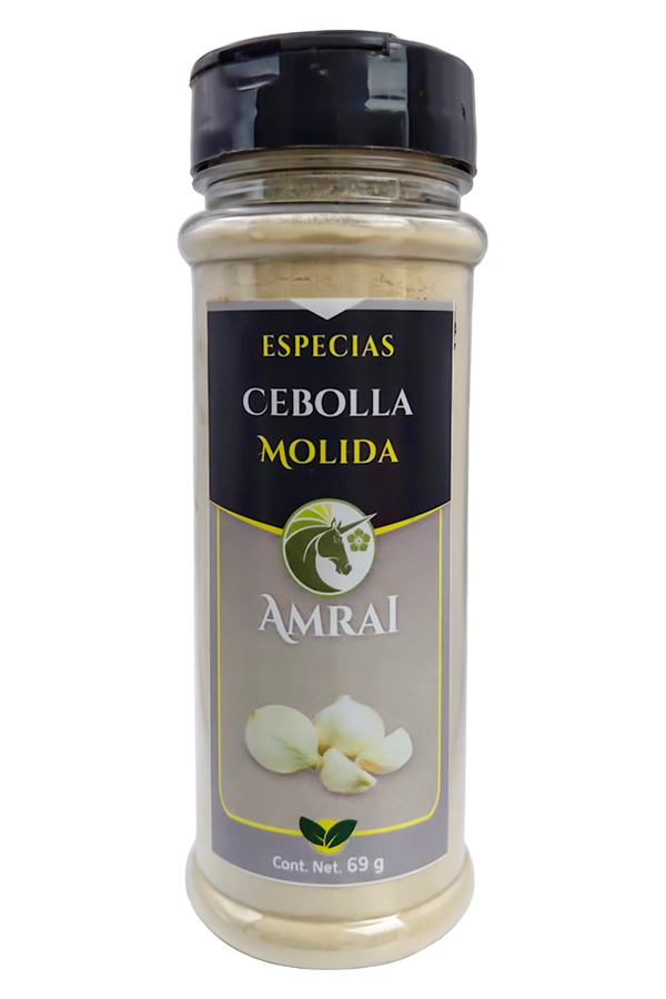 AMRAI Cebolla Molida, especias, frasco de 69 g con tapa negra.