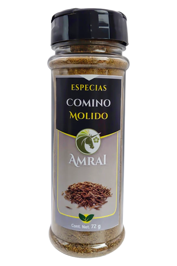 AMRAI Comino Molido, especias, frasco de 72 g con tapa negra.