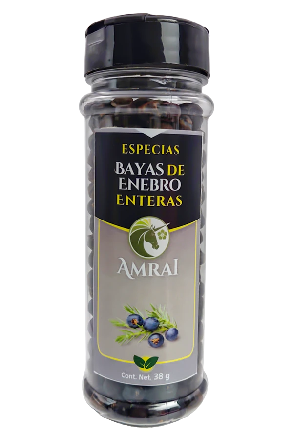 AMRAI Bayas De Enebro Enteras, especias, frasco de 40 g con tapa negra.