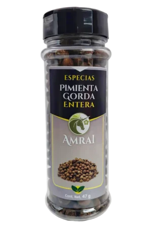 AMRAI Pimienta Gorda Entera, especias, frasco de 47 g con tapa negra.