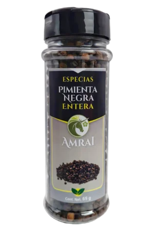 AMRAI Pimienta Negra Entera, especias, frasco de 69 g con tapa negra.