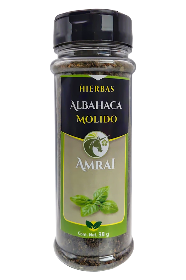 AMRAI Albahaca Molida, hierbas, frasco de 38 g con tapa negra.