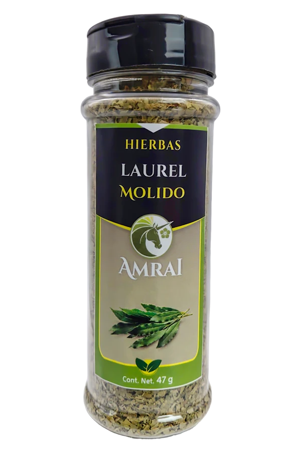 AMRAI Laurel Molido, hierbas, frasco de 50 g con tapa negra.