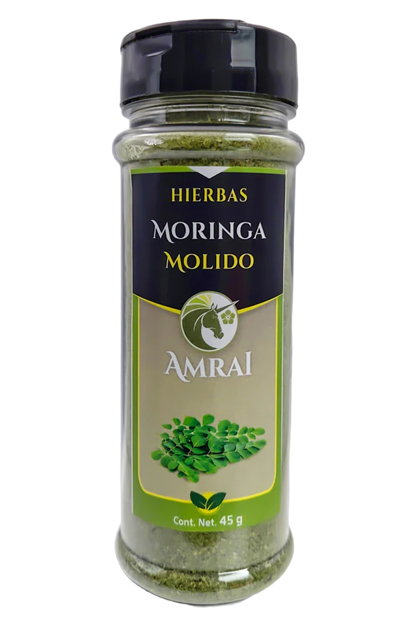 AMRAI Hojas de Moringa Molidas, hierbas, frasco de 45 g con tapa negra.