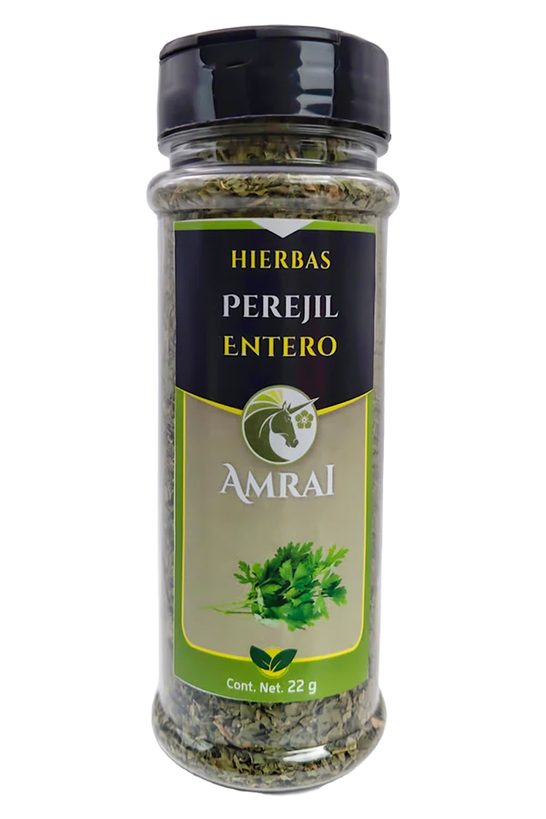 AMRAI Perejil Entero, hierbas, frasco de 22 g con tapa negra.