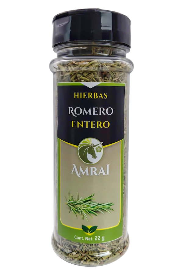 AMRAI Romero Entero, hierbas, frasco de 22 g con tapa negra.