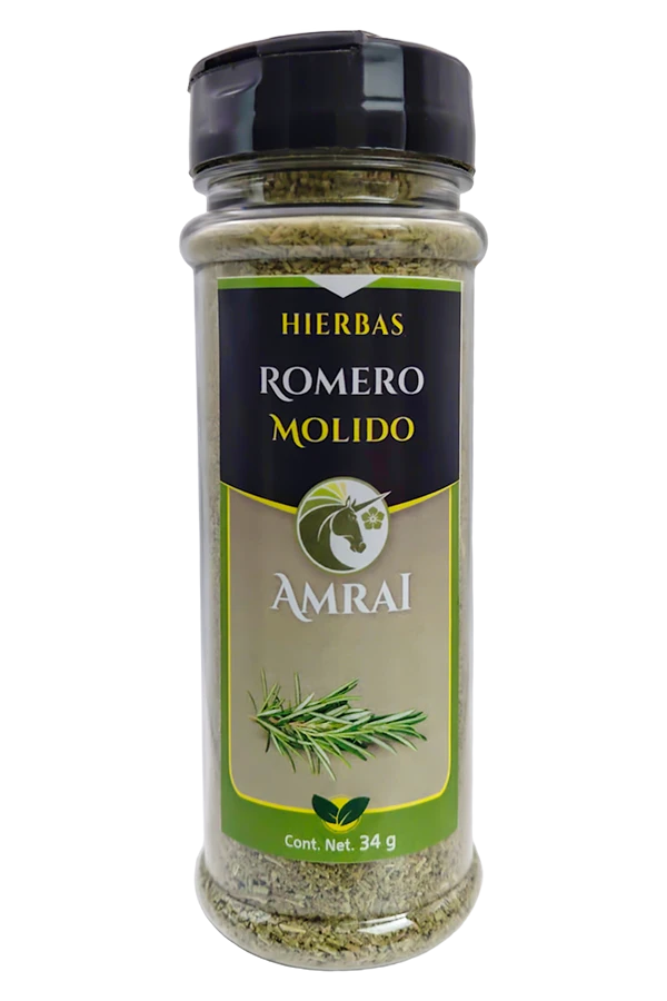AMRAI Romero Molido, hierbas, frasco de 34 g con tapa negra.