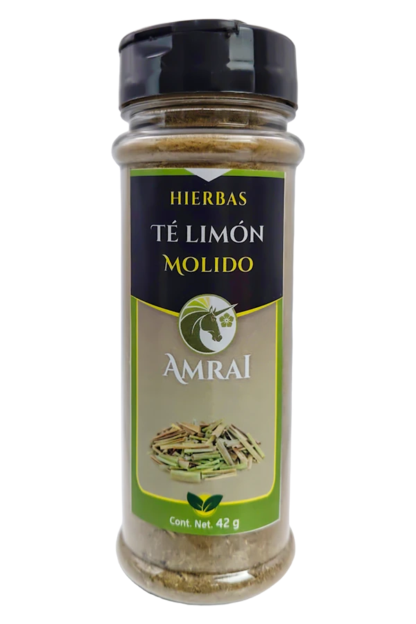 AMRAI Té Limón Molido, hierbas, frasco de 42 g con tapa negra.
