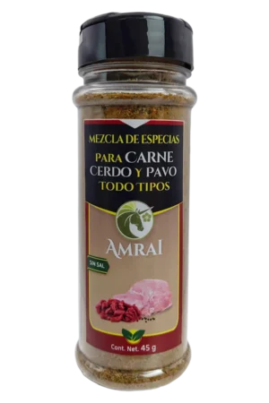 AMRAI Mezcla de Especias Para Carne De Cerdo Y Pavo De Todo Tipo, frasco de 45 g con tapa negra, sin sal.