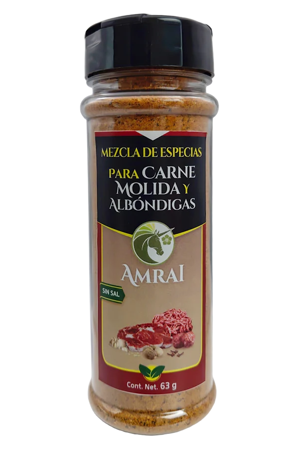AMRAI Mezcla de Especias Para Carne Molida Y Albóndigas, frasco de 63 g con tapa negra, sin sal.
