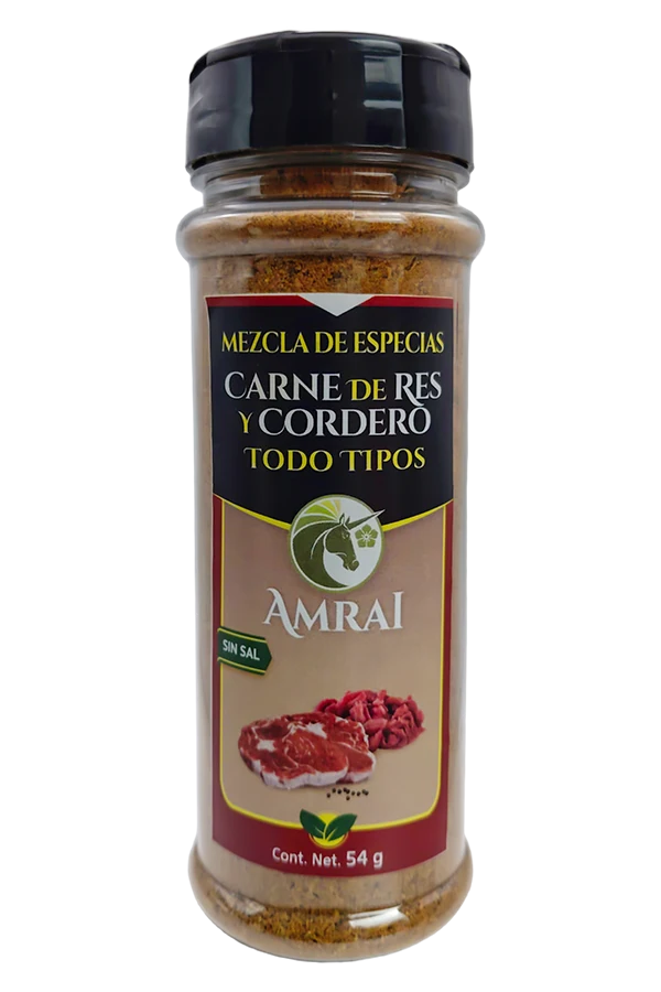 AMRAI Mezcla de Especias Para Carne De Res Y Cordero De Todo Tipo, frasco de 54 g con tapa negra, sin sal.