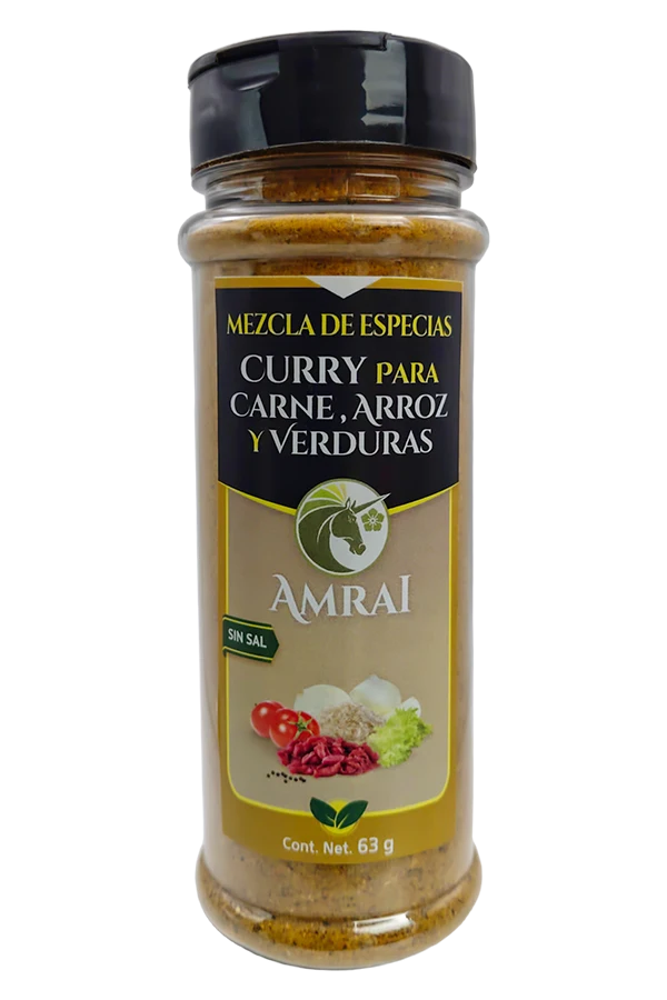 AMRAI Mezcla de Especias Curry Para Carne, Arroz Y Verduras, frasco de 63 g con tapa negra, sin sal.