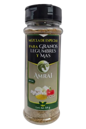 AMRAI Mezcla de Especias Para Granos, Legumbres Y Más, frasco de 54 g con tapa negra, sin sal.