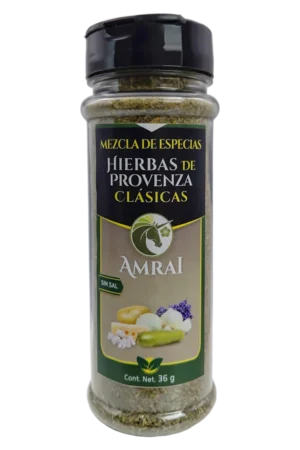 AMRAI Mezcla de Especias Hierbas De Provenza Clasicas, frasco de 36 g con tapa negra, sin sal.