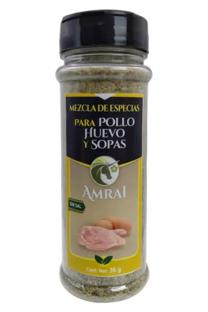AMRAI Mezcla de Especias Para Pollo, Huevo Y Sopas, frasco de 36 g con tapa negra, sin sal.