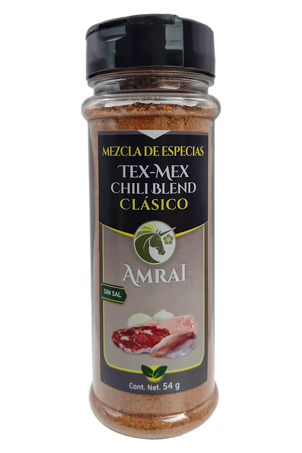 AMRAI Mezcla de Especias Tex-Mex Chili Blend Clasico, frasco de 54 g con tapa negra, sin sal.